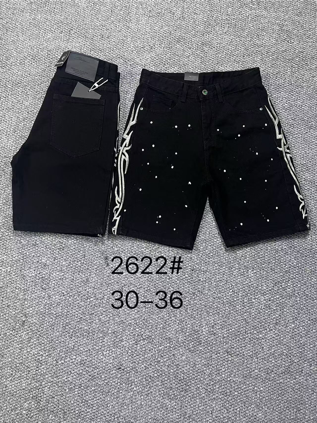 Men's Black Denim Shorts with Tribal Embroidery & Splatter Print, Streetwear Jean Shorts