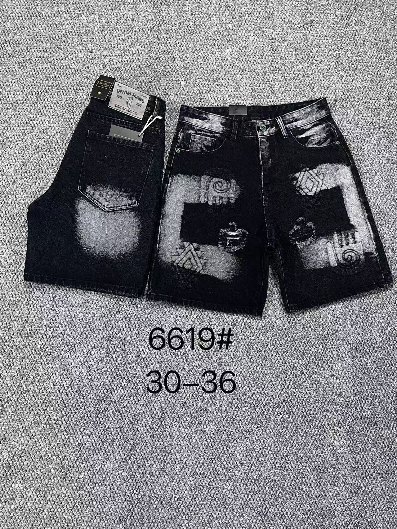 Men's Vintage Washed Black Denim Shorts with Tribal Print & Embossed Details, Streetwear Jean Shorts