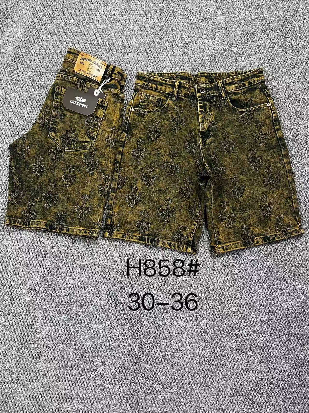 Men's Vintage Washed Denim Shorts with Jacquard Monogram Texture, Streetwear Jean Shorts