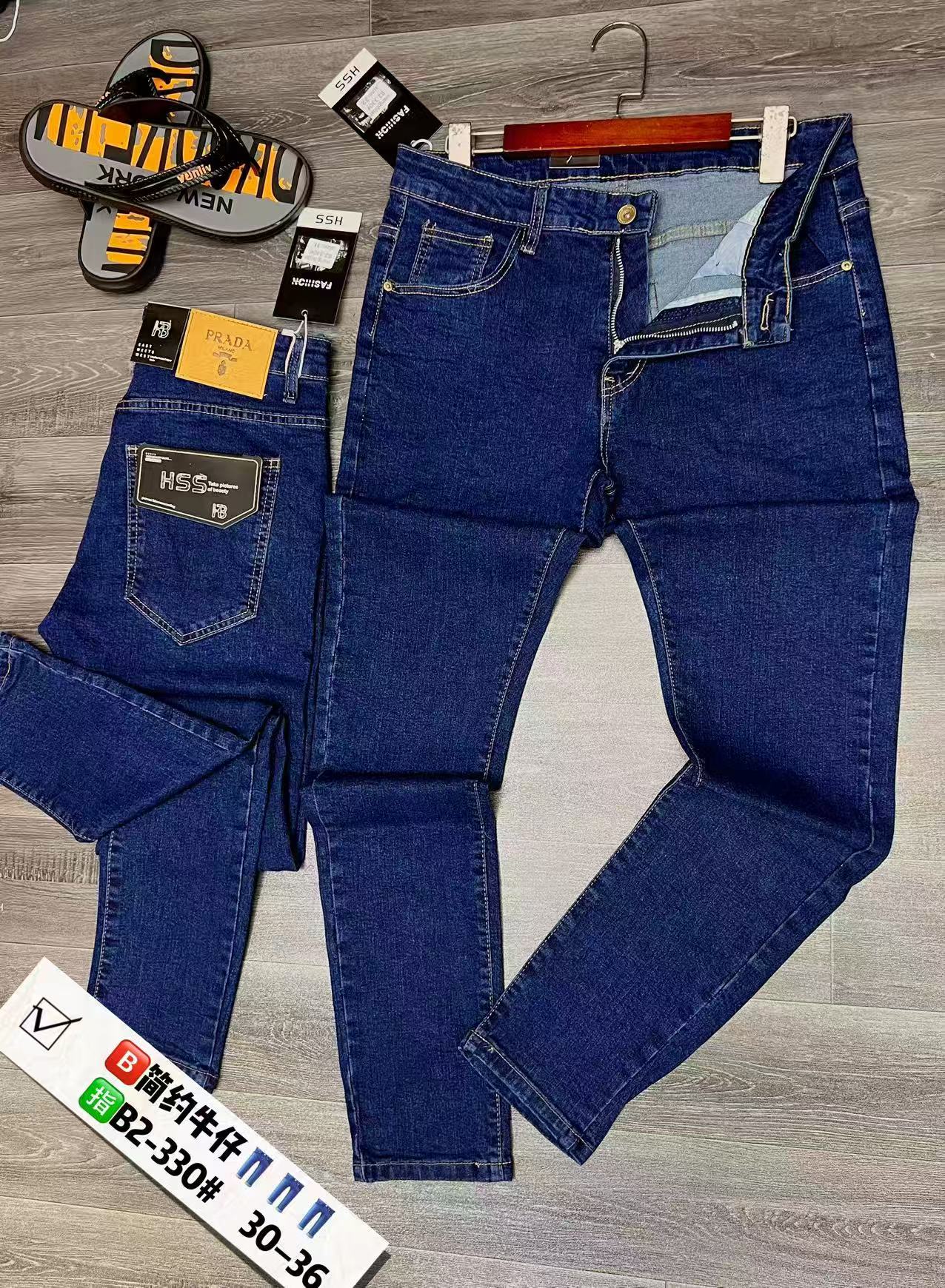 Men's Classic Dark Blue Slim Fit Jeans, Casual Straight Leg Denim Pants