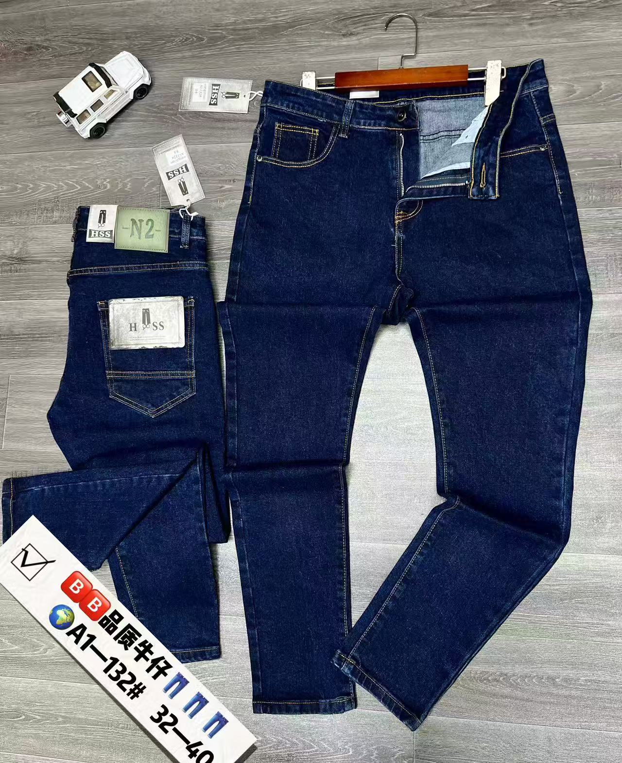 Men's Classic Raw Dark Blue Slim Fit Straight Leg Jeans, Casual Denim Pants