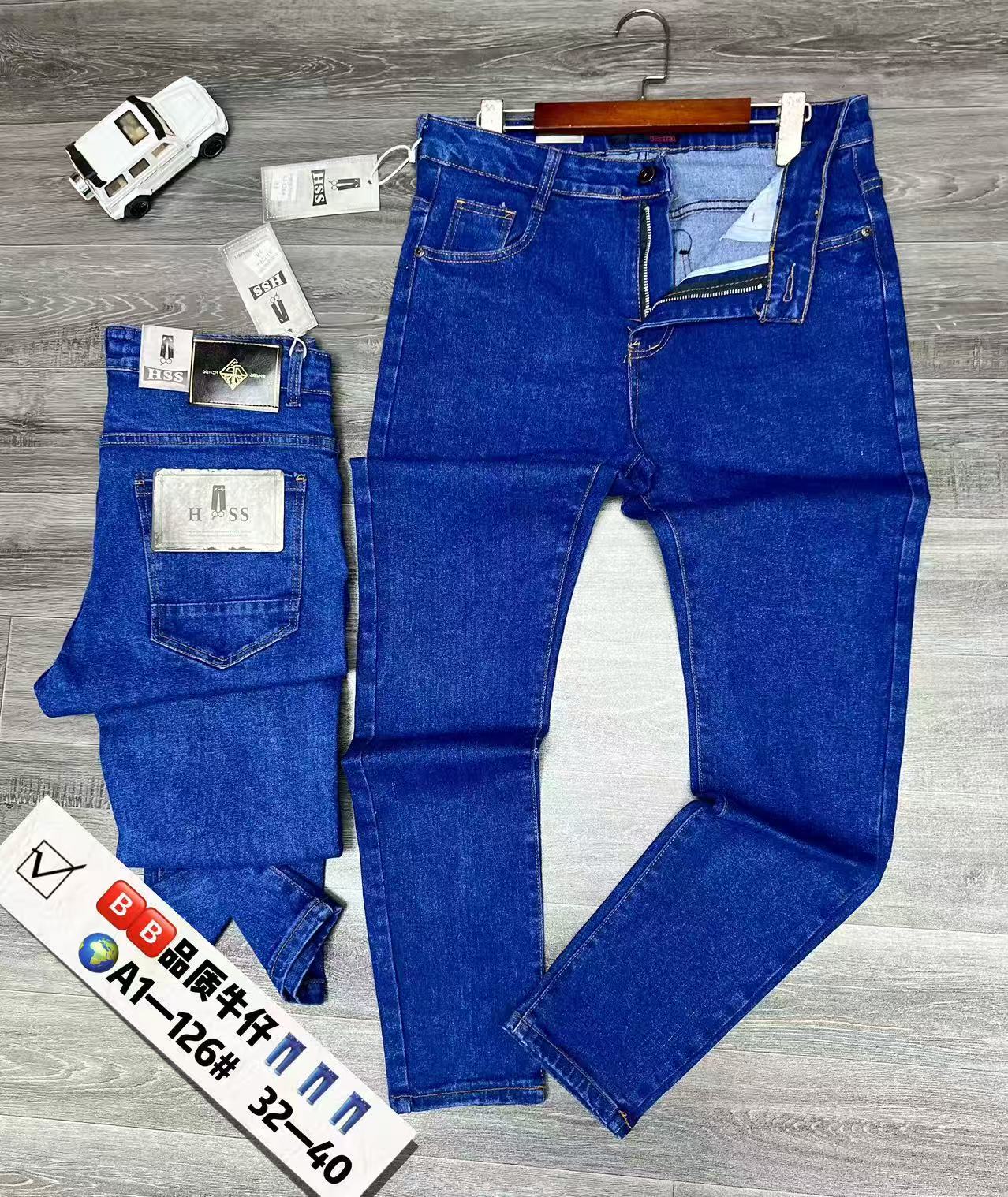 Men's Classic Bright Blue Slim Fit Straight Leg Jeans, Casual Denim Pants