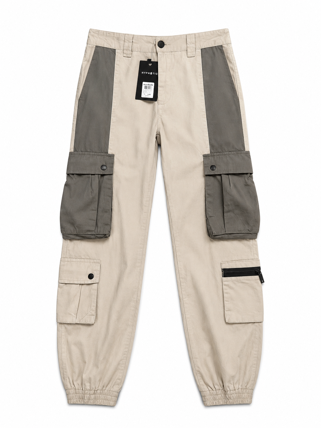 Men's Beige & Grey Color Block Cargo Jogger Pants, Multi-Pocket Streetwear Trousers