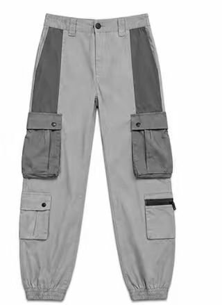 Men's Beige & Grey Color Block Cargo Jogger Pants, Multi-Pocket Streetwear Trousers