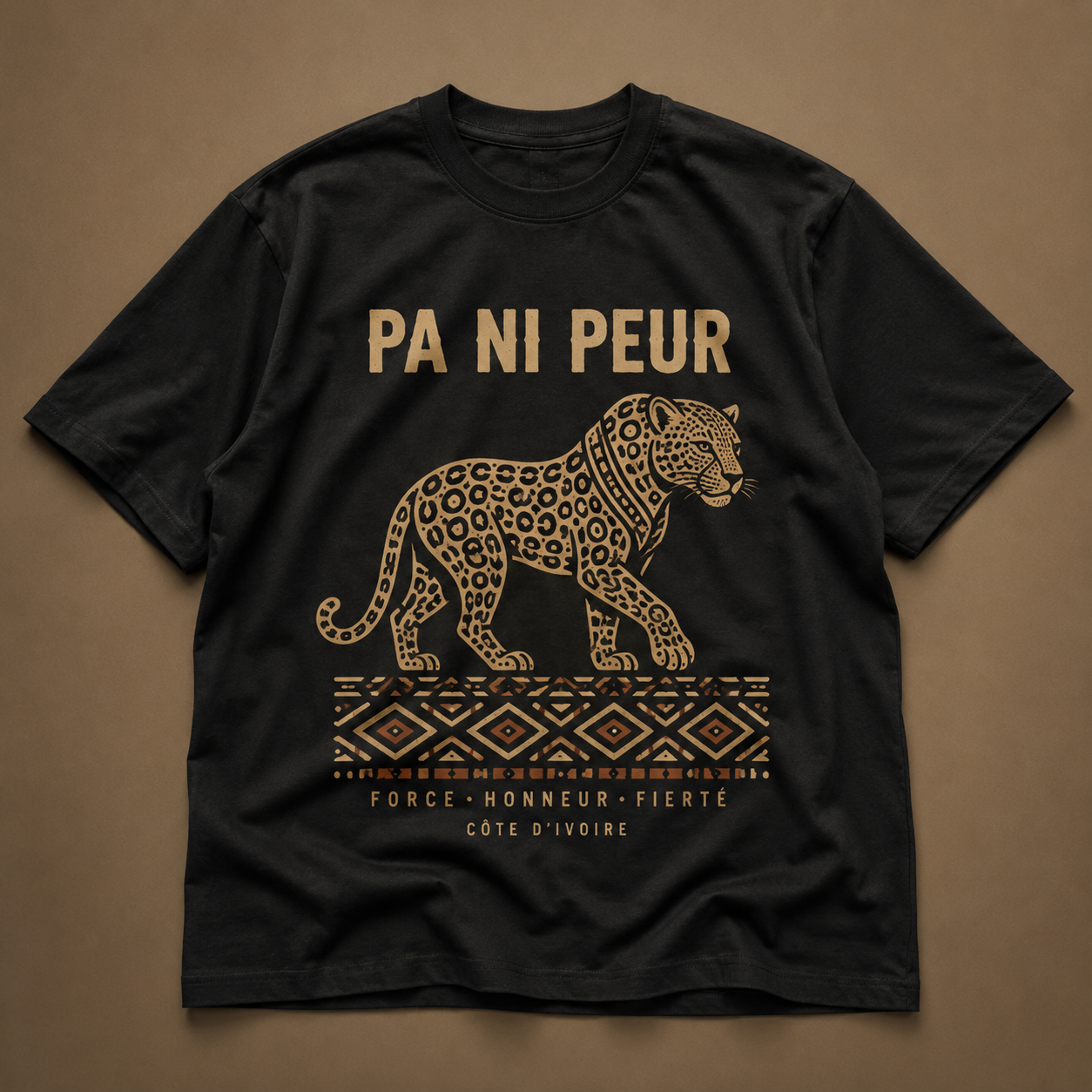 Men's Ivory Coast Themed Leopard Graphic T-Shirt, "Pa Ni Peur" African Tribal Print Tee