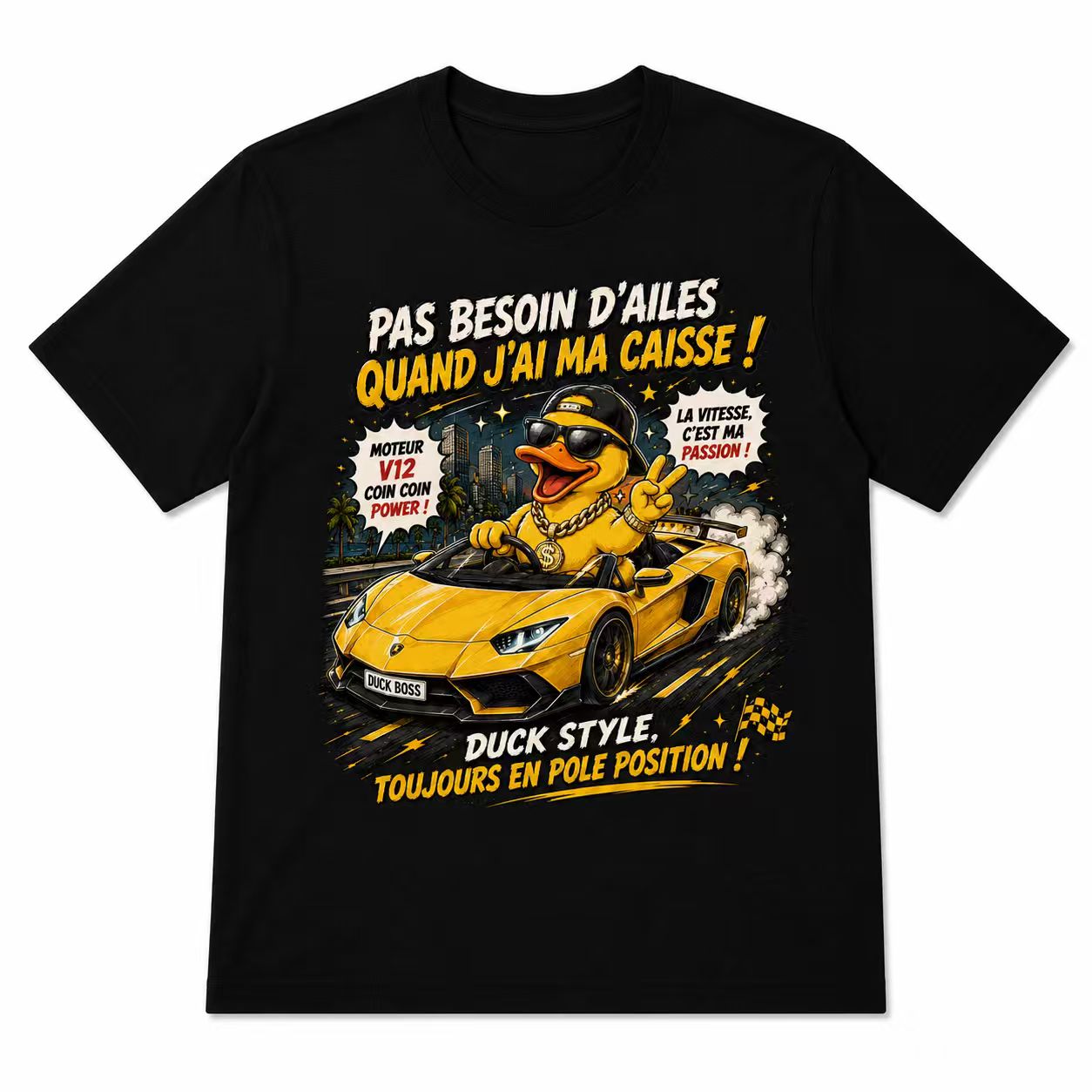 Men's Funny "Duck Boss" Sports Car Graphic T-Shirt, French Slogan Casual Tee