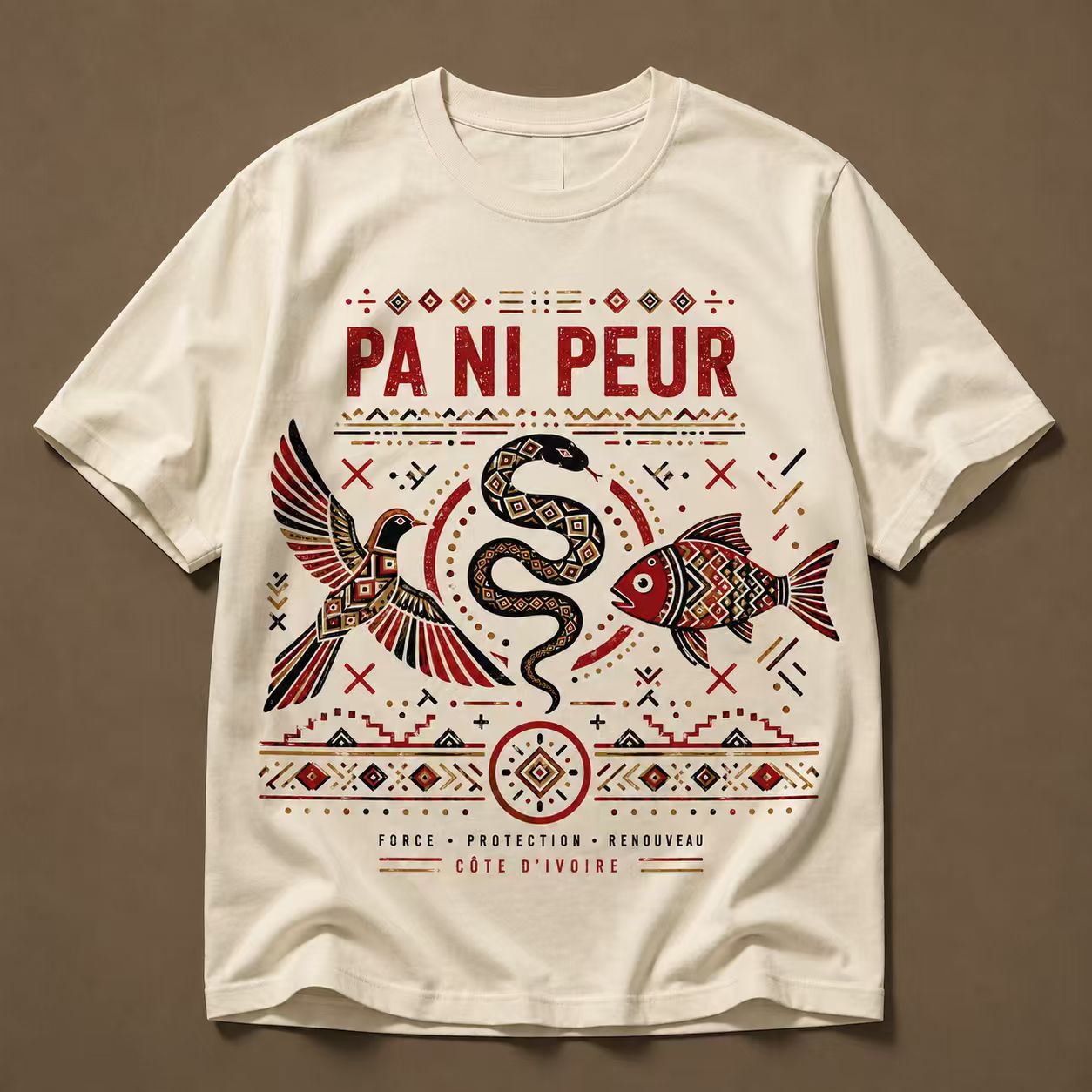 Men's Ivory Coast Themed Tribal Totem Graphic T-Shirt, "Pa Ni Peur" African Print Tee