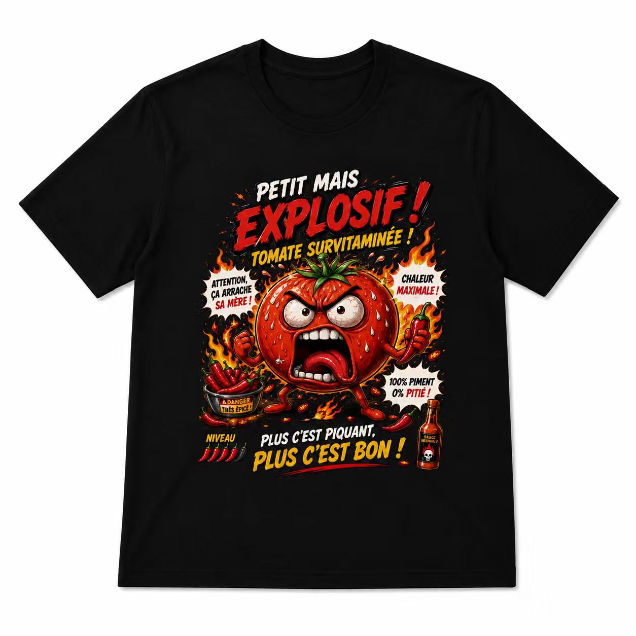 Men's Funny "Explosive Tomato" Spicy Graphic T-Shirt, French Slogan Casual Tee