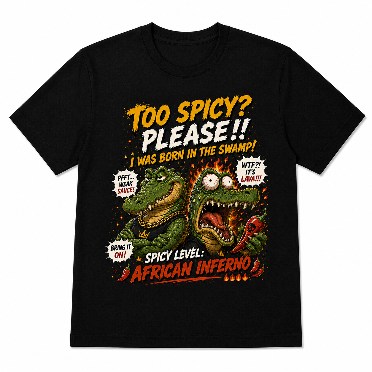 Men's Funny "African Inferno" Spicy Crocodile Graphic T-Shirt, Hot Sauce Humor Tee