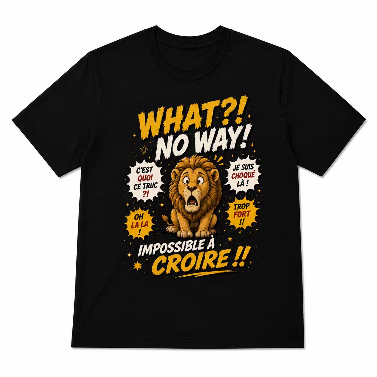 Men's "Shocked Lion" French Slogan Graphic T-Shirt, Humorous Animal Reaction Tee