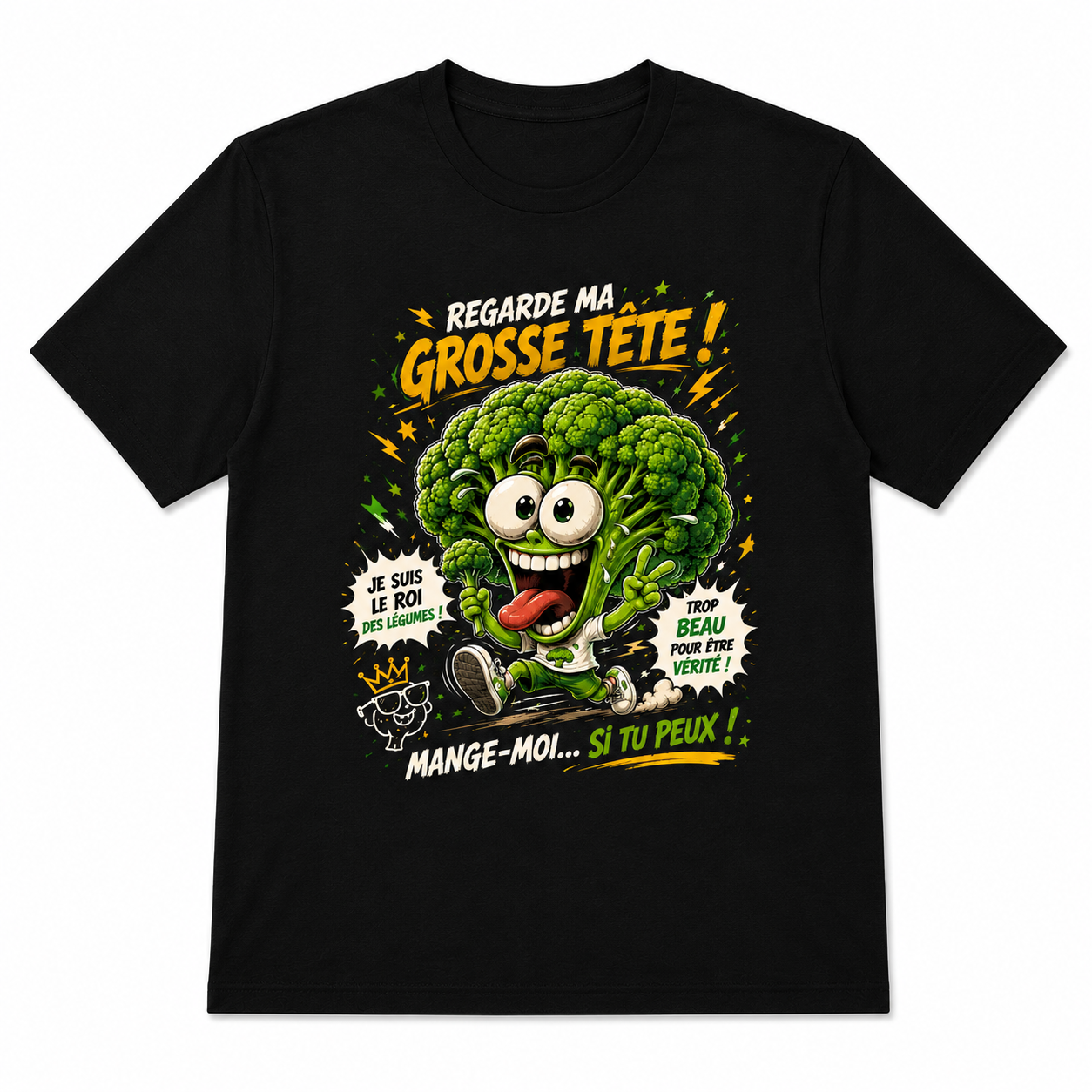 Men's Funny "Broccoli King" French Slogan Graphic T-Shirt, Vegetable Humor Tee