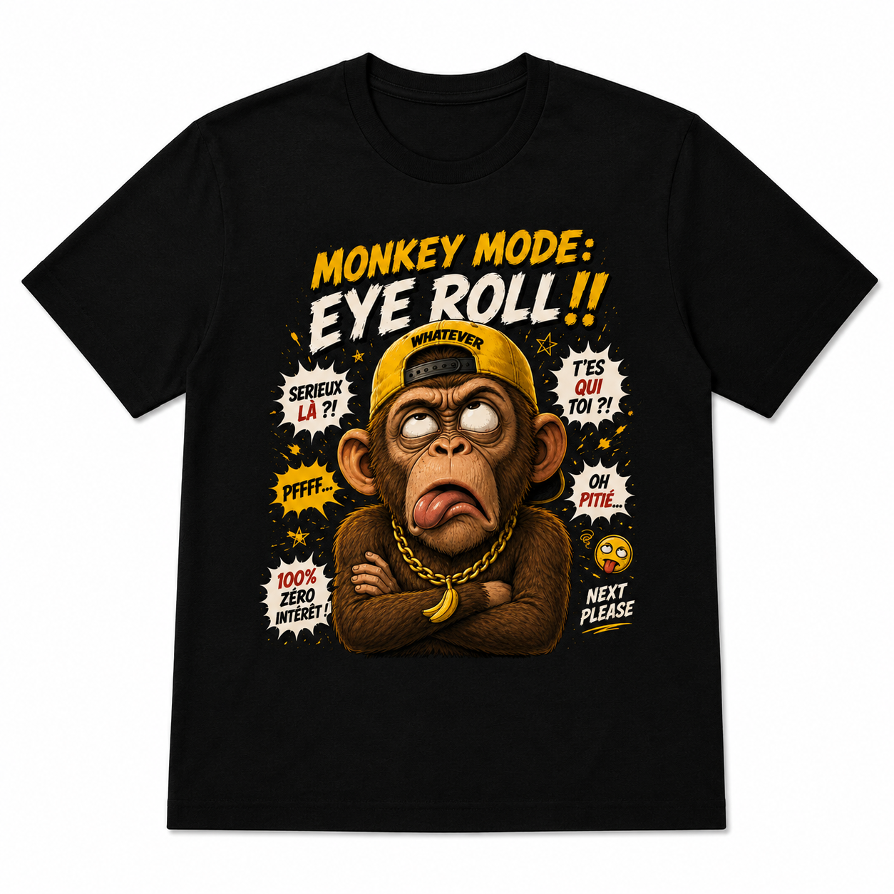 Men's "Monkey Mode: Eye Roll" French Slogan Graphic T-Shirt, Sarcasm Humor Tee