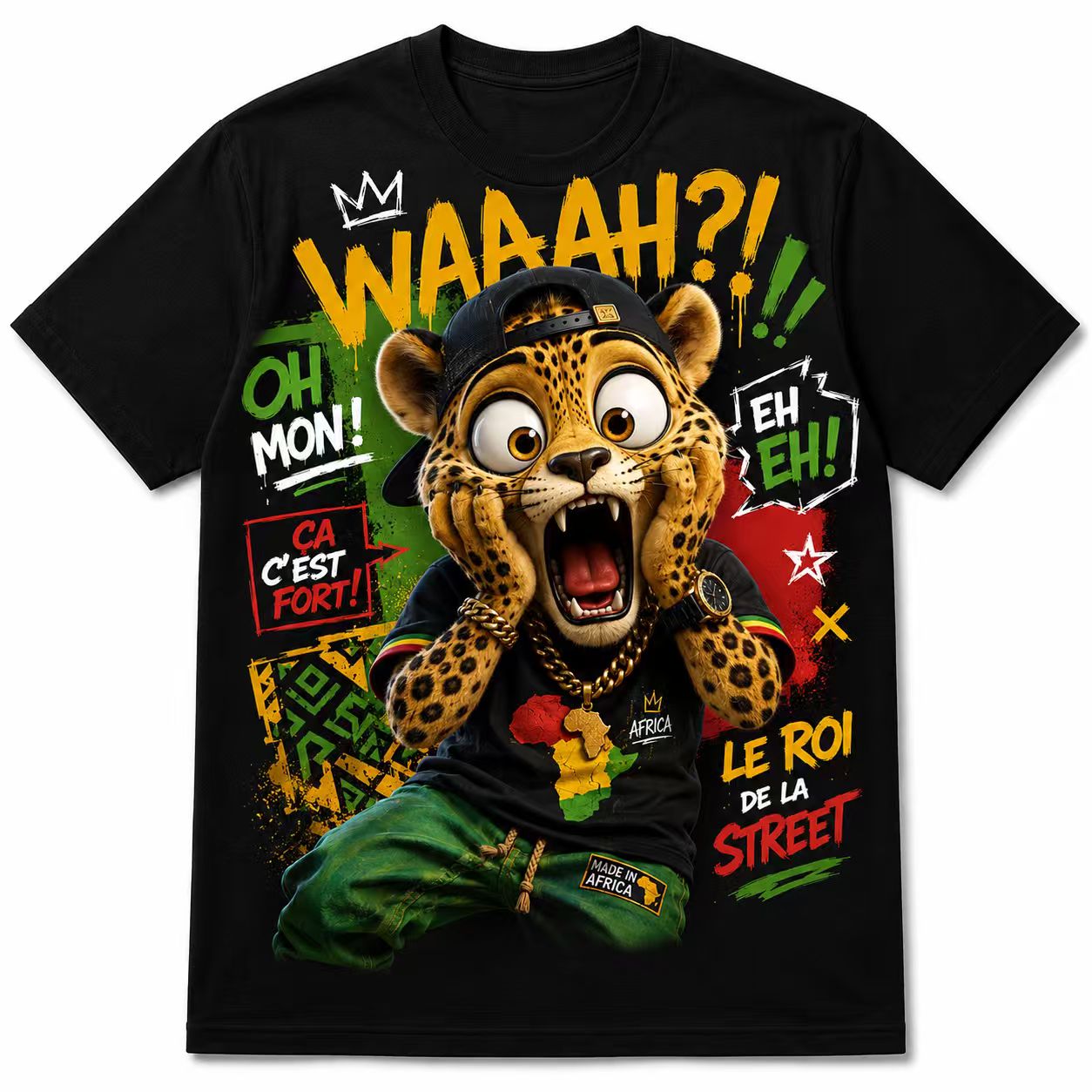 Men's African Urban "Shocked Leopard" Streetwear Graphic T-Shirt, Hip-Hop Culture Tee