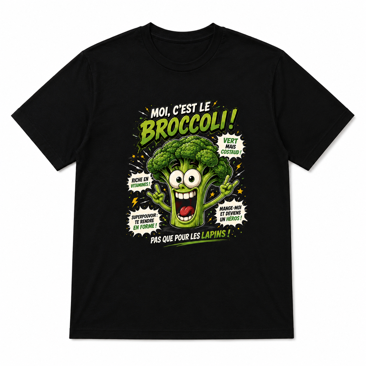 Men's "Superhero Broccoli" French Slogan Graphic T-Shirt, Healthy Humor Tee