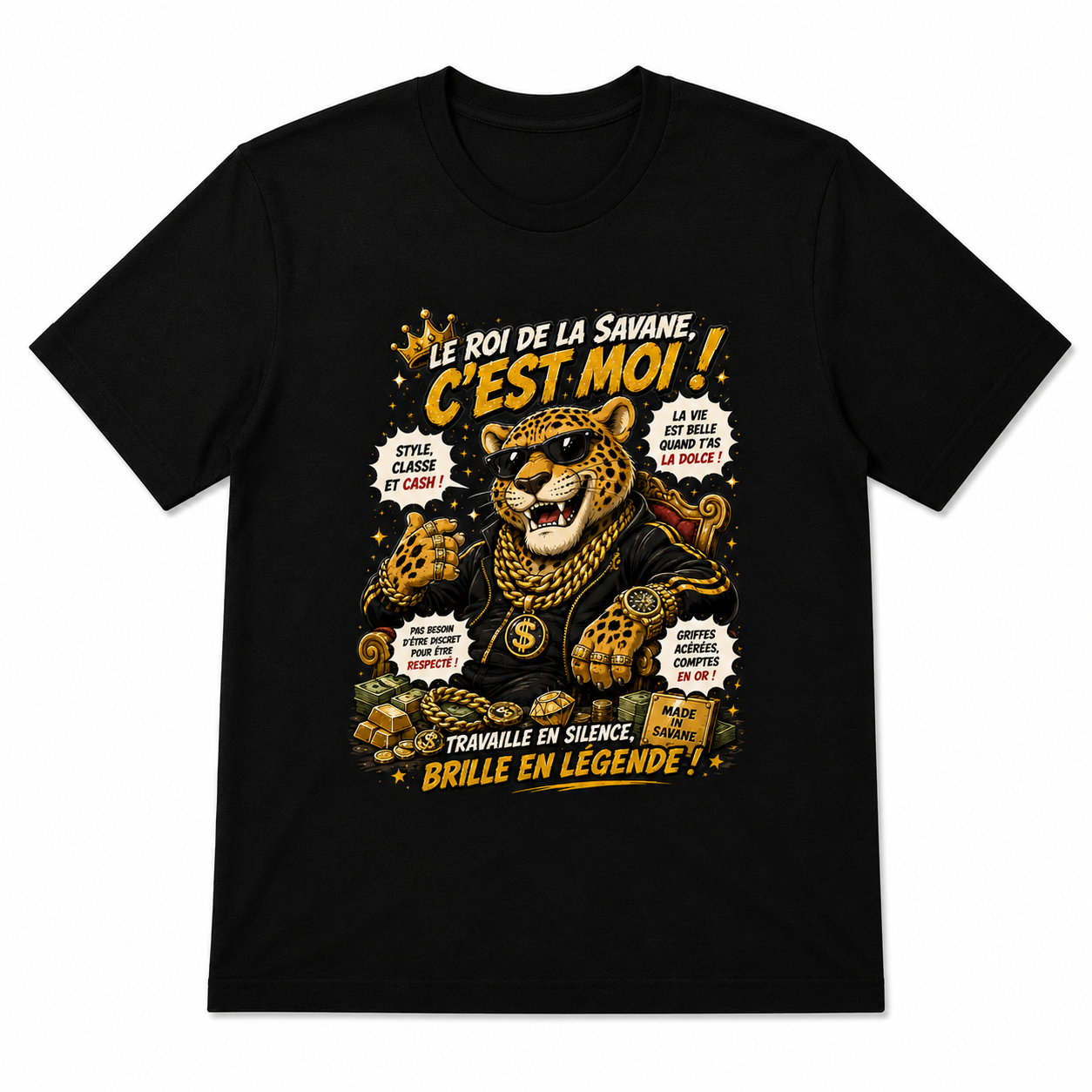 Men's "Savannah King Leopard" French Slogan Graphic T-Shirt, Hip-Hop Luxe Tee