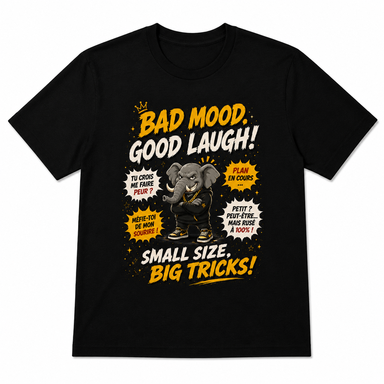 Men's "Bad Mood, Good Laugh" French Slogan Graphic T-Shirt, Sarcasm Humor Tee