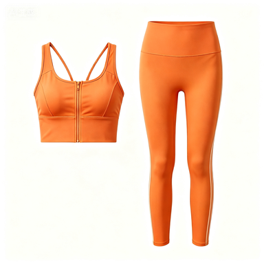 Women's Bright Orange Front-Zip Sports Bra & Side-Stripe Leggings Set, Quick-Dry Workout Outfit