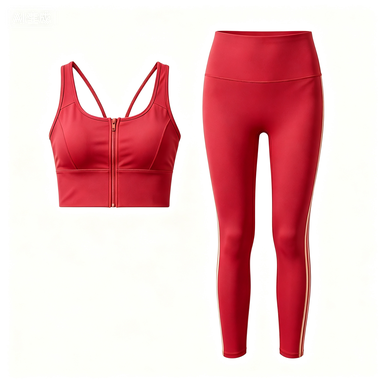 Women's Red Front-Zip Sports Bra & Beige Side-Stripe Leggings Set, Quick-Dry Workout Outfit