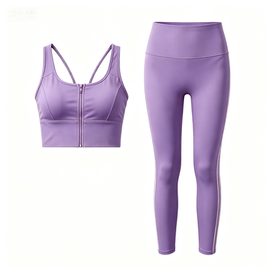 Women's Lavender Front-Zip Sports Bra & White Side-Stripe Leggings Set, Quick-Dry Workout Outfit