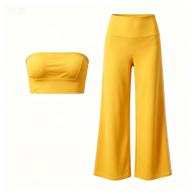 Women's Yellow Bandeau Sports Bra & High-Waist Wide-Leg Pants Set, Quick-Dry Workout Outfit