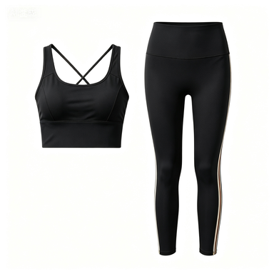 Women's Black Cross-Back Sports Bra & Gold Side-Stripe Leggings Set, Quick-Dry Workout Outfit