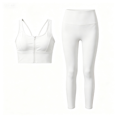 Women's White Front-Zip Sports Bra & High-Waist Leggings Set, Quick-Dry Workout Outfit