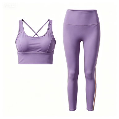 Women's Lavender Cross-Back Sports Bra & Multicolor Side-Stripe Leggings Set, Quick-Dry Workout Outfit