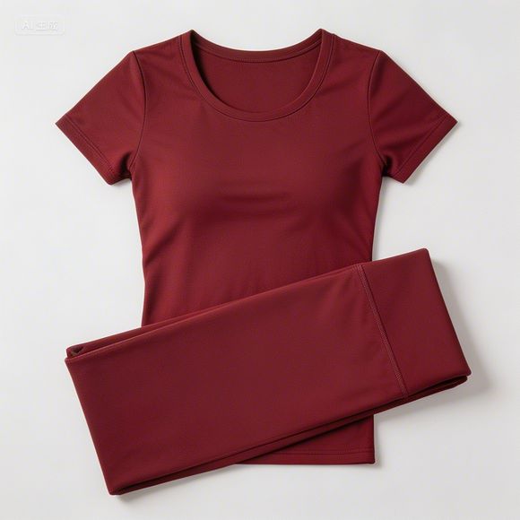 Women's Burgundy Short-Sleeve T-Shirt & High-Waist Leggings Set, Quick-Dry Workout Outfit
