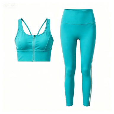 Women's Turquoise Front-Zip Sports Bra & White Side-Stripe Leggings Set, Quick-Dry Workout Outfit