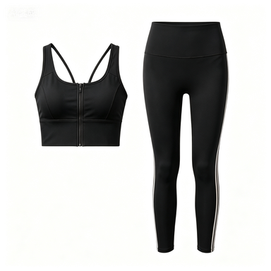 Women's Black Front-Zip Sports Bra & White Side-Stripe Leggings Set, Quick-Dry Workout Outfit