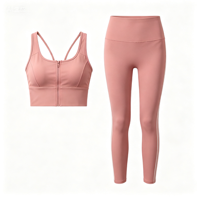 Women's Blush Pink Front-Zip Sports Bra & White Side-Stripe Leggings Set, Quick-Dry Workout Outfit