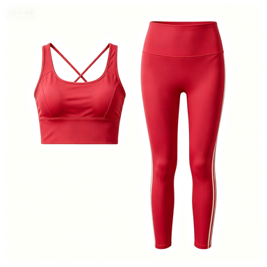 Women's Red Cross-Back Sports Bra & Beige Side-Stripe Leggings Set, Quick-Dry Workout Outfit