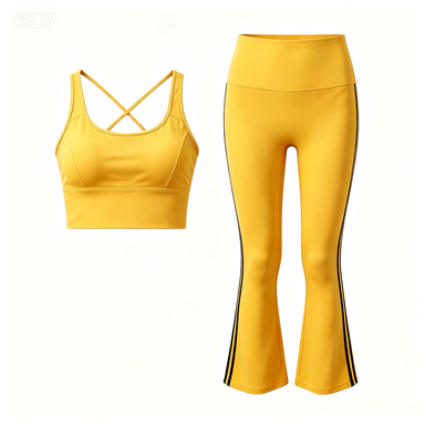 Women's Yellow Cross-Back Sports Bra & Black Side-Stripe Flare Leggings Set, Quick-Dry Workout Outfit