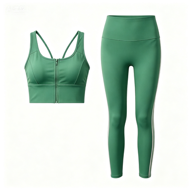 Women's Green Front-Zip Sports Bra & White Side-Stripe Leggings Set, Quick-Dry Workout Outfit