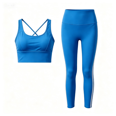 Women's Bright Blue Cross-Back Sports Bra & White Side-Stripe Leggings Set, Quick-Dry Workout Outfit