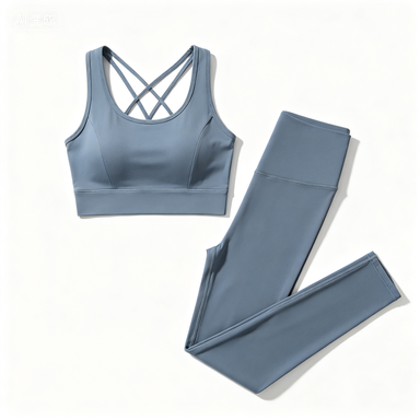 Women's Dusty Blue Cross-Back Sports Bra & High-Waist Leggings Set, Quick-Dry Workout Outfit