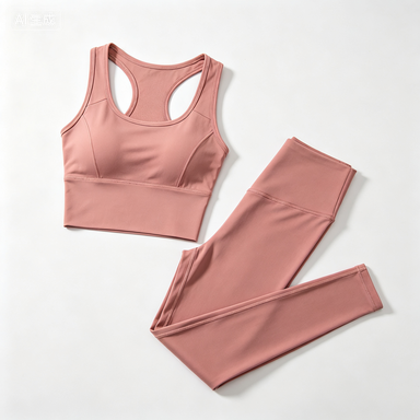 Women's Dusty Pink Racerback Sports Bra & High-Waist Leggings Set, Quick-Dry Workout Outfit