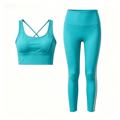 Women's Turquoise Cross-Back Sports Bra & White Side-Stripe Leggings Set, Quick-Dry Workout Outfit