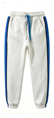  Off-White Jogger Pants with Blue Side Stripes, Elastic Waist & Drawstring, Casual Streetwear Sweatpants