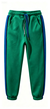  Green Jogger Pants with Blue Side Stripes, Elastic Waist & Drawstring, Casual Streetwear Sweatpants