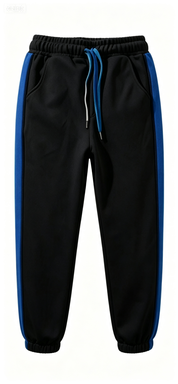  Black Jogger Pants with Blue Side Stripes, Elastic Waist & Drawstring, Casual Streetwear Sweatpants