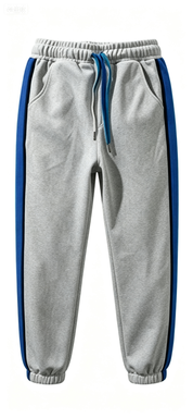  Light Gray Jogger Pants with Blue Side Stripes, Elastic Waist & Drawstring, Casual Streetwear Sweatpants