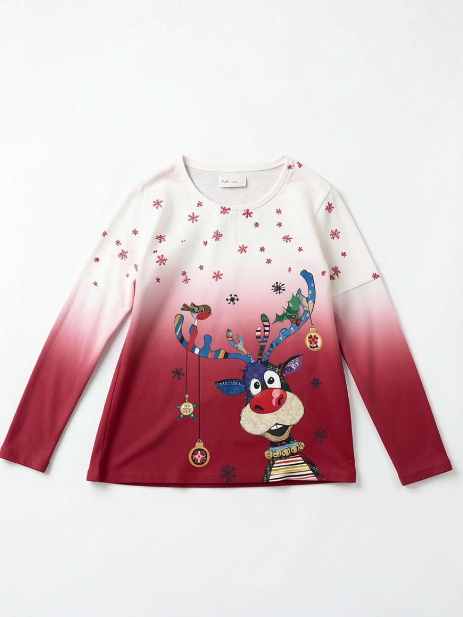 Christmas Reindeer Gradient Long-Sleeve T-Shirt, Festive Crew Neck Top