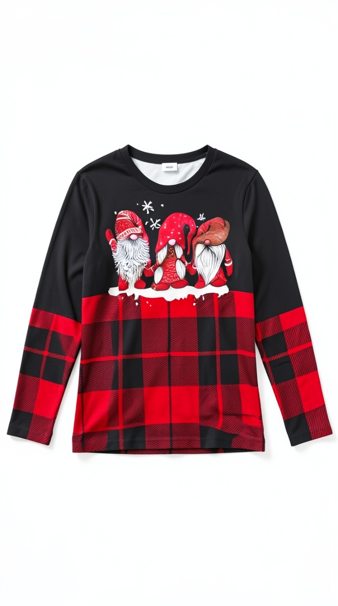 Christmas Gnome Red Plaid Color Block Long-Sleeve T-Shirt, Festive Crew Neck Top