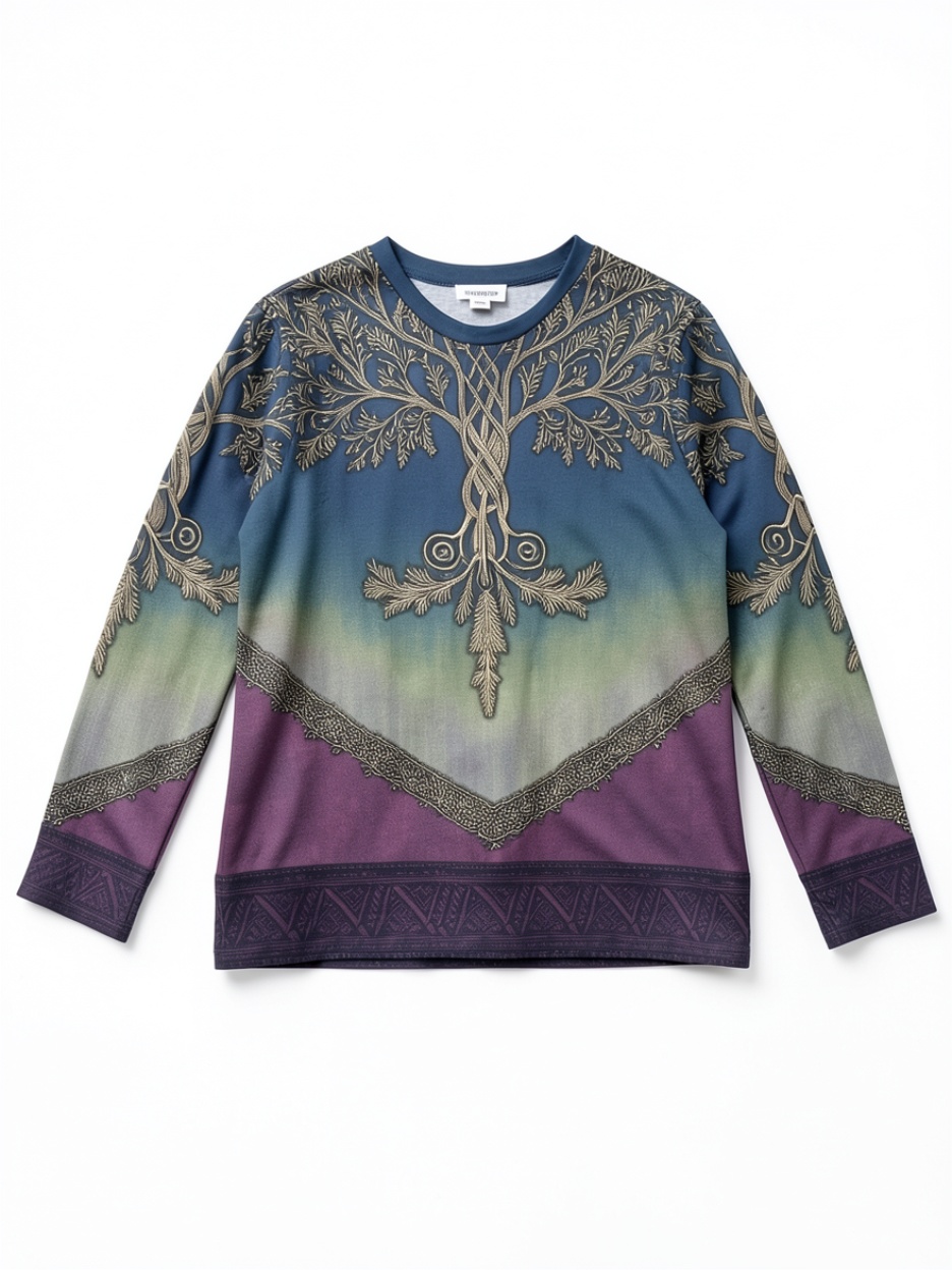 Tree of Life Gradient Ethnic Style Long-Sleeve T-Shirt, Crew Neck Top