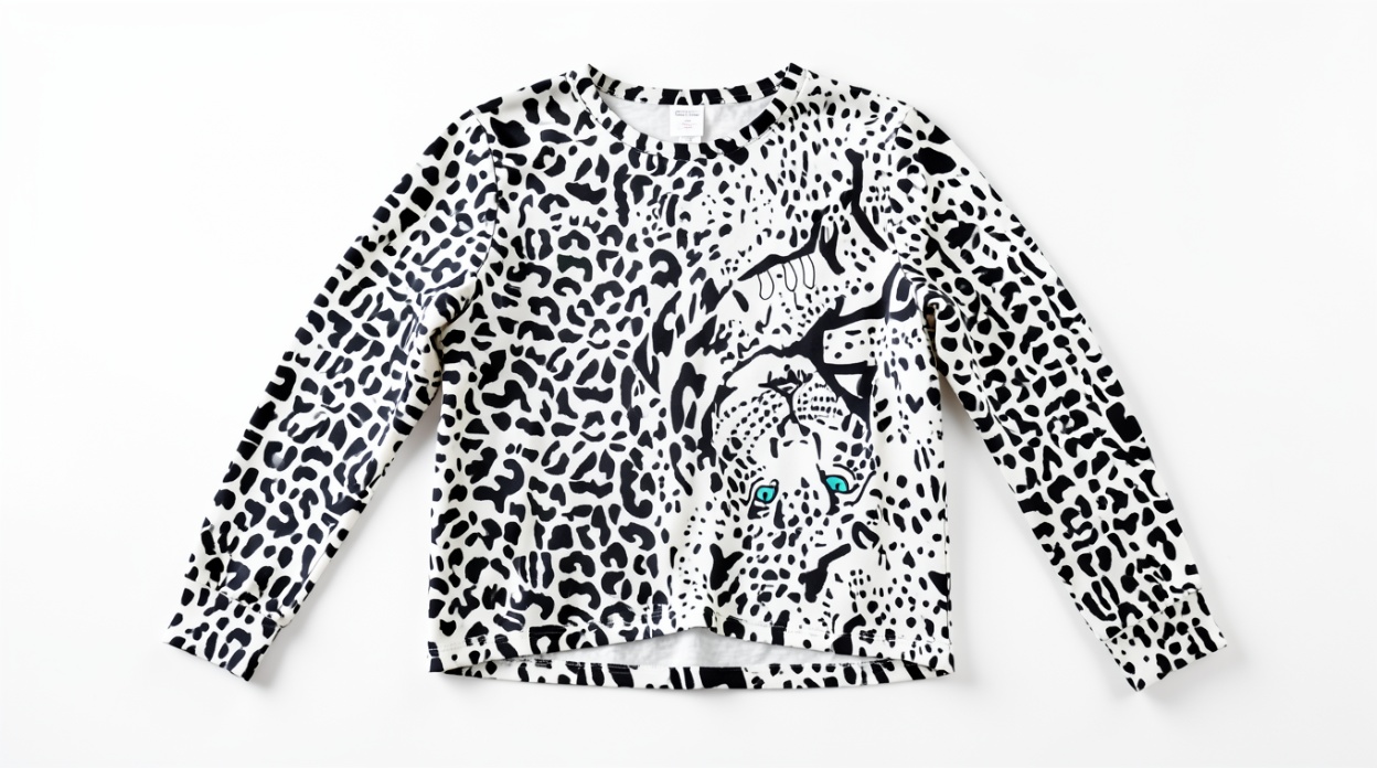 White Leopard Print Long-Sleeve T-Shirt with Cheetah Face Motif, Crew Neck Top