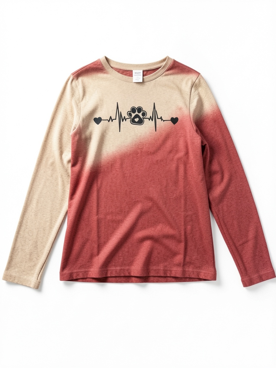 Dog Paw Print Heartbeat Gradient Long-Sleeve T-Shirt, Pet Lover Crew Neck Top