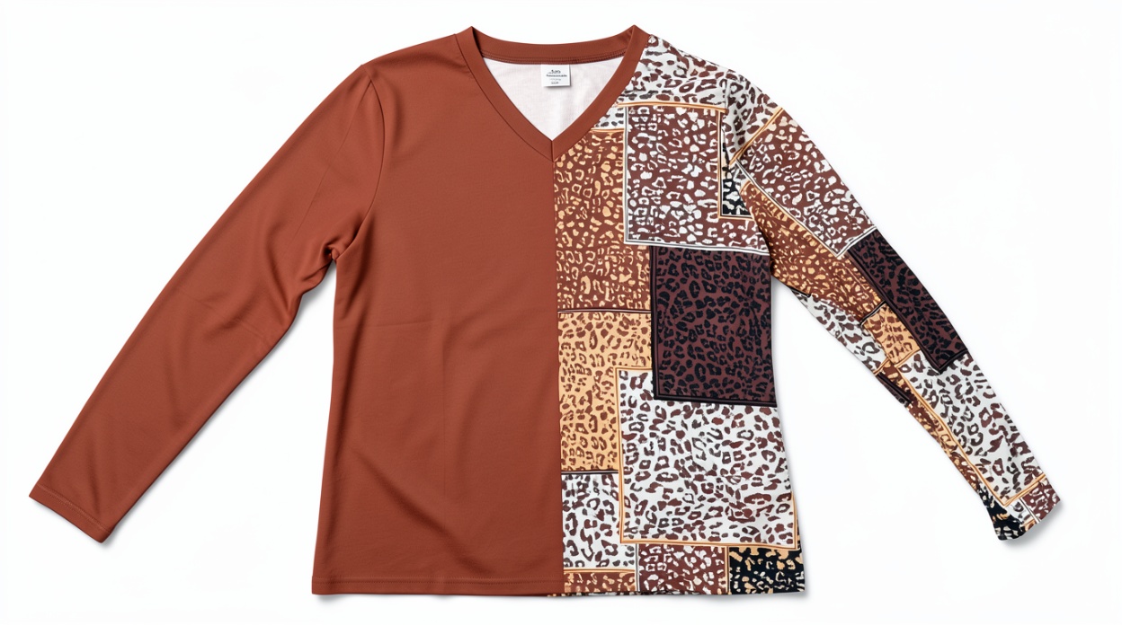 Caramel Color Block Leopard Print V-Neck Long-Sleeve T-Shirt, Asymmetrical Casual Top