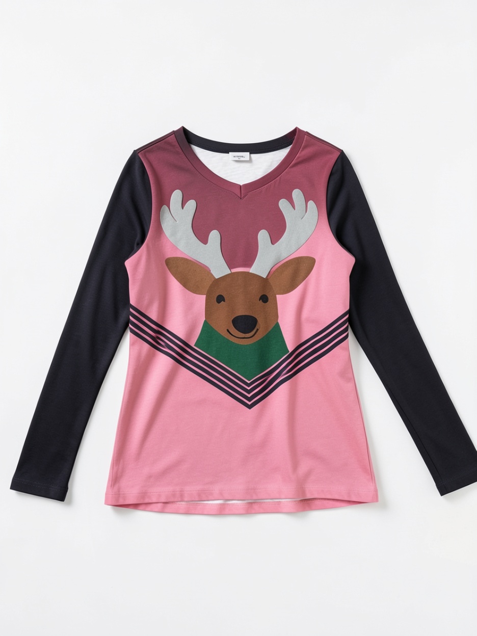 Christmas Reindeer Color Block V-Neck Long-Sleeve T-Shirt, Festive Casual Top