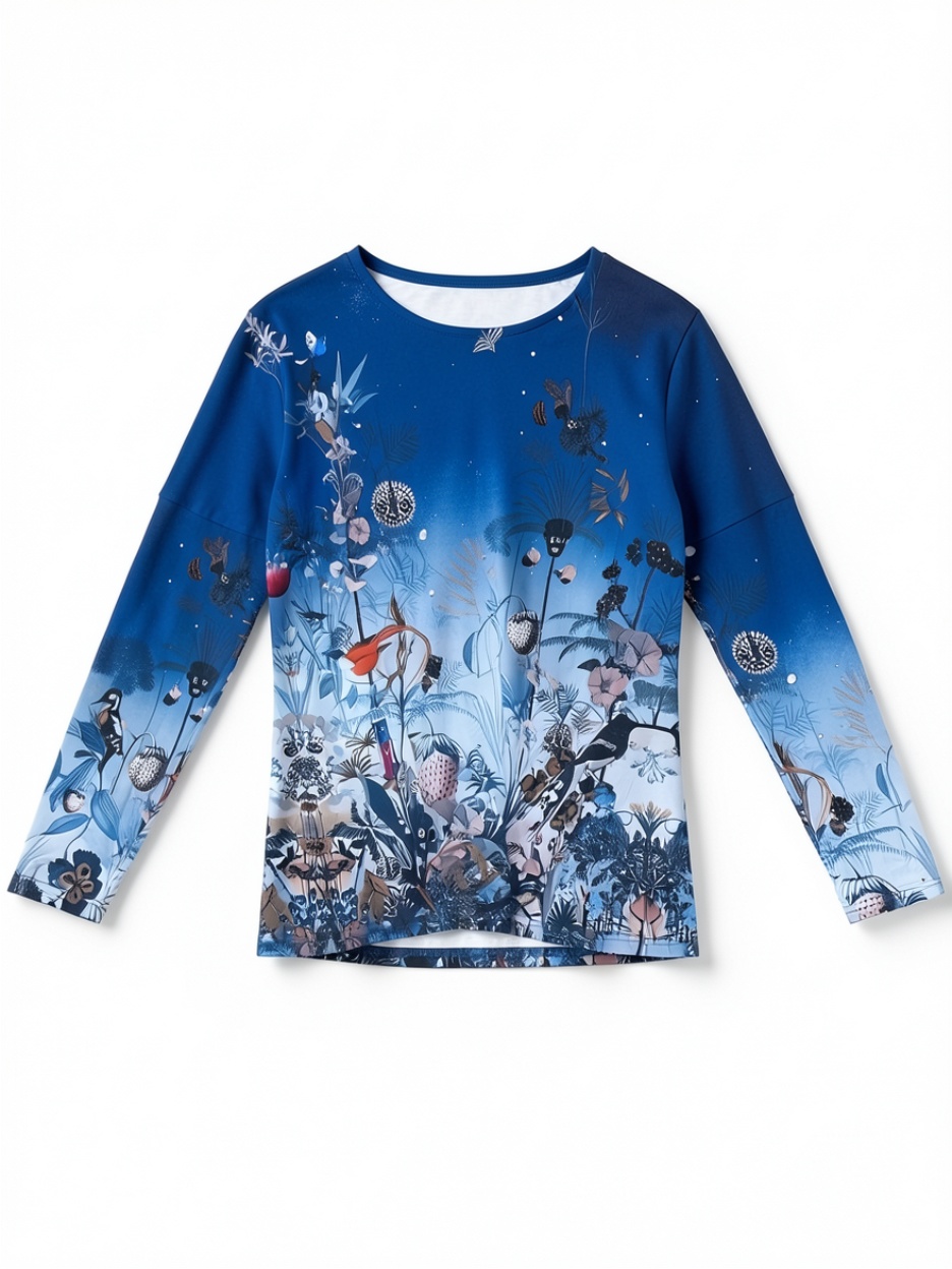 Blue Gradient Enchanted Forest Print Long-Sleeve T-Shirt, Artistic Crew Neck Top